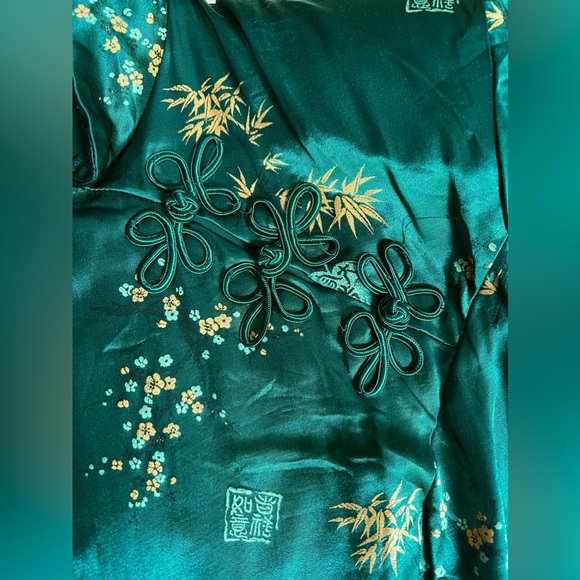 Green Satin Bamboo Floral Print Cheongsam Qipao by Breakin’ Loose - Picture 2 of 6